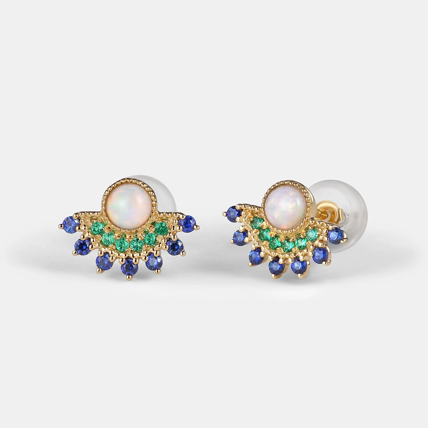 Beautiful Appearance Striking Embellishment Natural Opal & Emerald & Sapphire Vintage Inspired Earrings