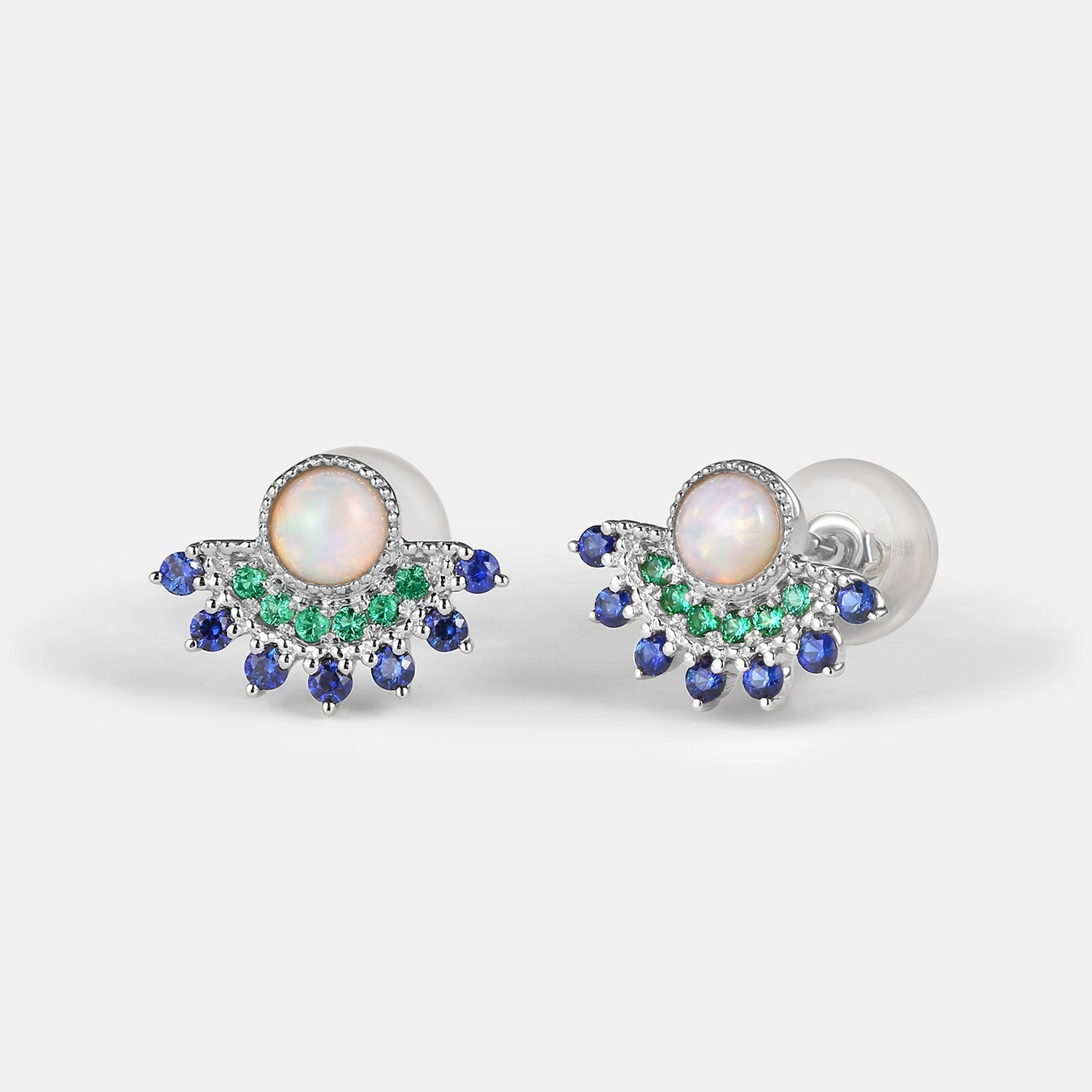 Magnificent Accent Luxurious Jewelry Natural Opal & Emerald & Sapphire Vintage Inspired Earrings