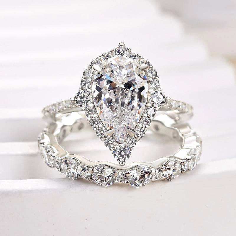 Louily Gorgeous Halo Pear Cut Bridal Ring Set In Sterling Silver Expressive Feature