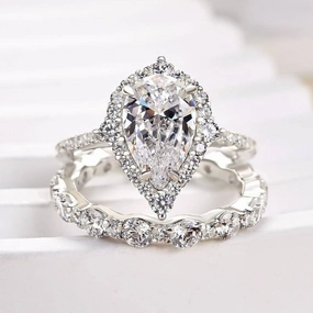 Trendy Style Elegant Features Louily Gorgeous Halo Pear Cut Bridal Ring Set In Sterling Silver