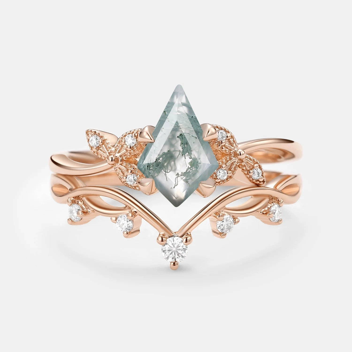 Branch & Leafy Kite Shape Moss Agate Engagement Ring Sets 2pcs - Rachel Weekend Sparkle Holiday Party