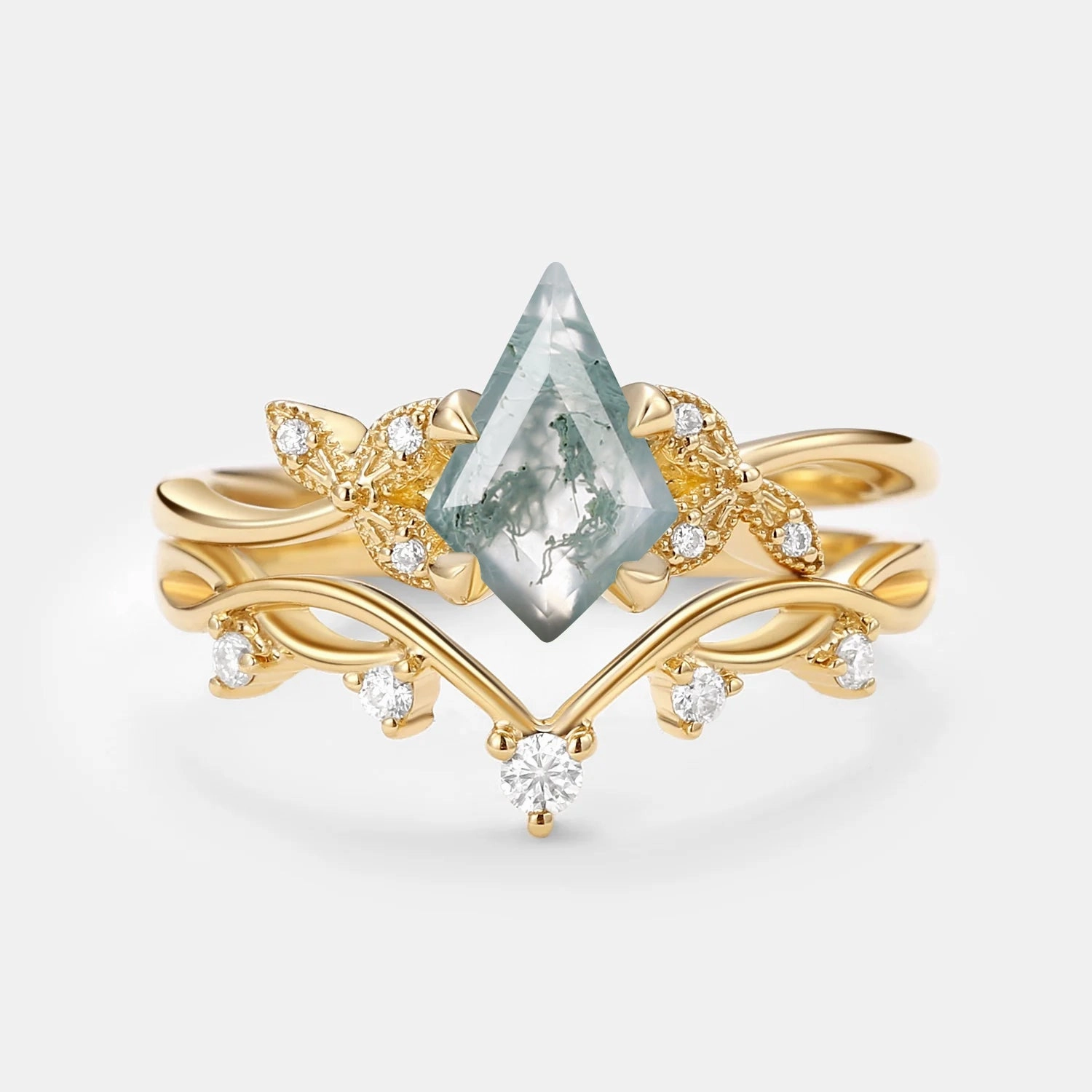 Branch & Leafy Kite Shape Moss Agate Engagement Ring Sets 2pcs - Rachel Everyday Shine