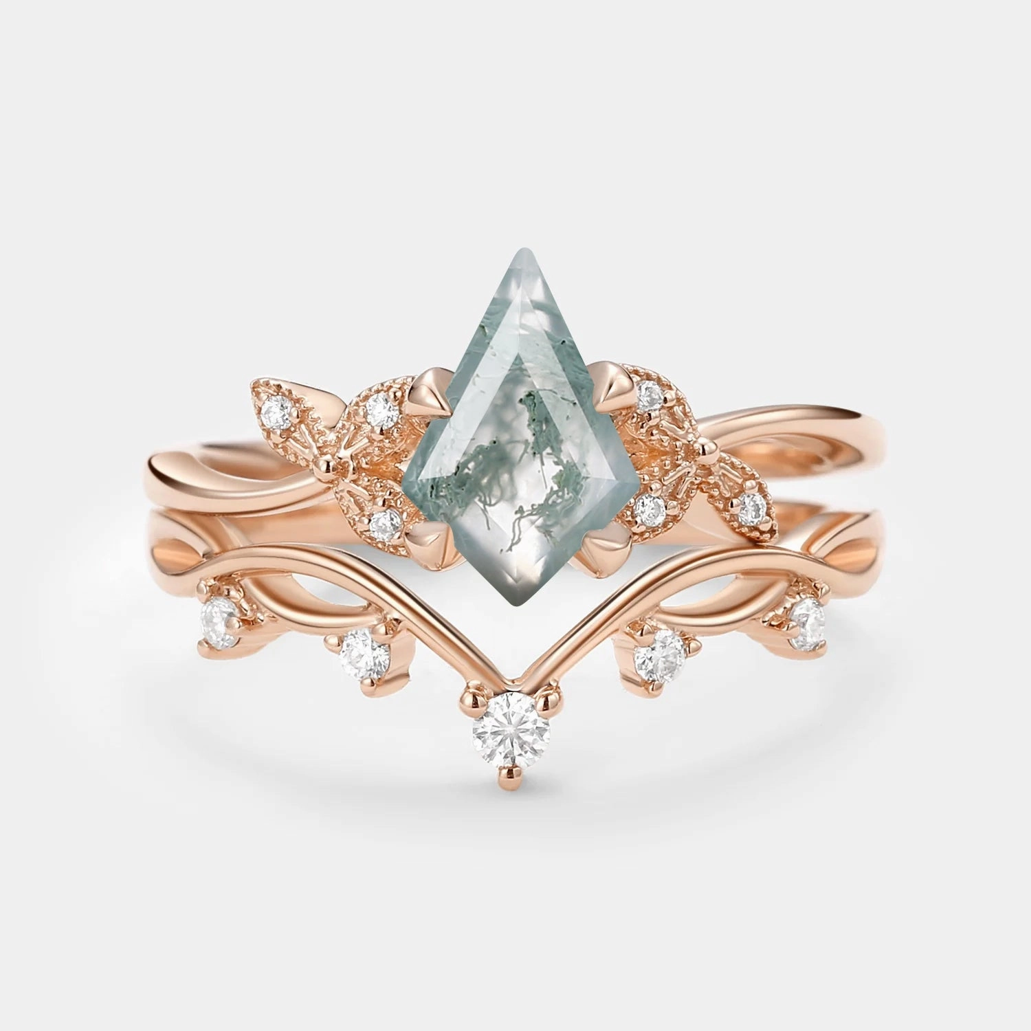 Lustrous Look Artistic Detail Branch & Leafy Kite Shape Moss Agate Engagement Ring Sets 2pcs - Rachel