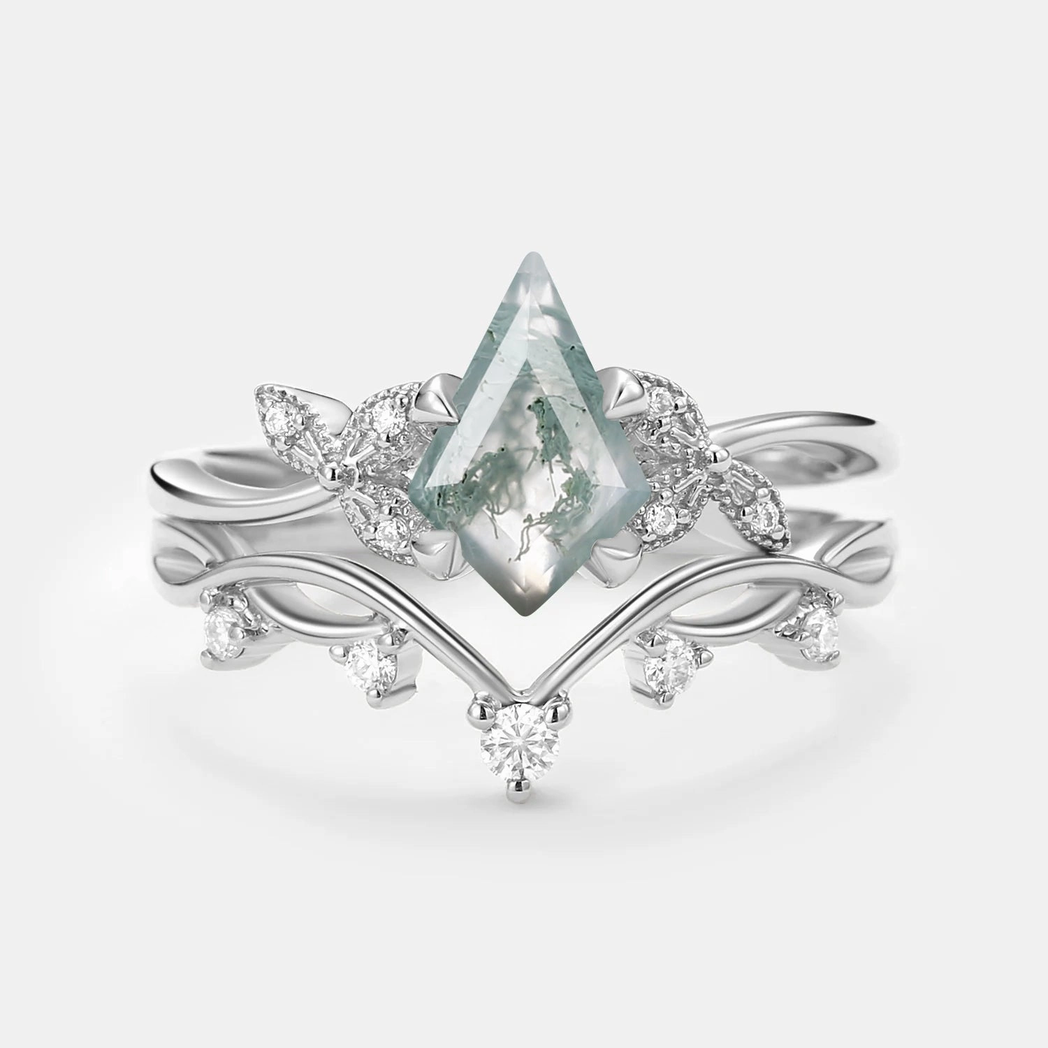 Fashion Pop Branch & Leafy Kite Shape Moss Agate Engagement Ring Sets 2pcs - Rachel
