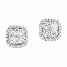 Exclusive Glow Uno Cushion Shaped Halo Cluster Earrings 14K White Gold