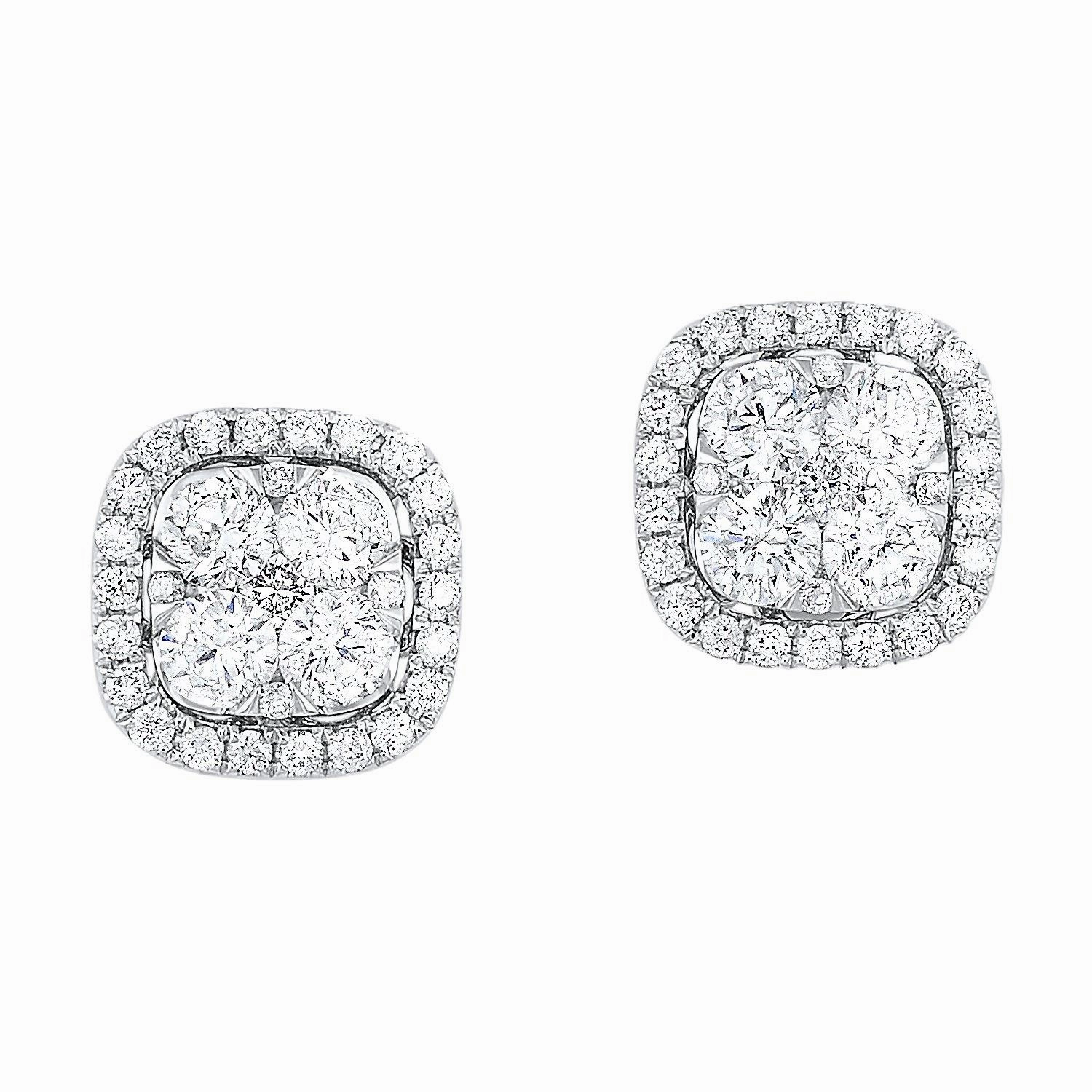 Exclusive Glow Uno Cushion Shaped Halo Cluster Earrings 14K White Gold