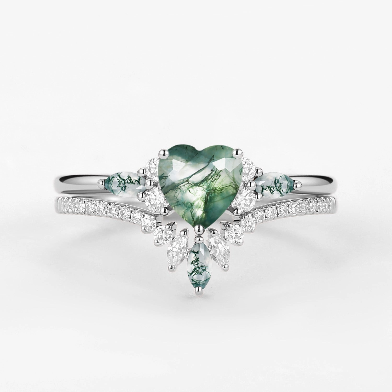 Sparkle Surface Eye Catching Heart Shaped Natural Moss Agate Engagement Ring Set 2pcs - Rebecca