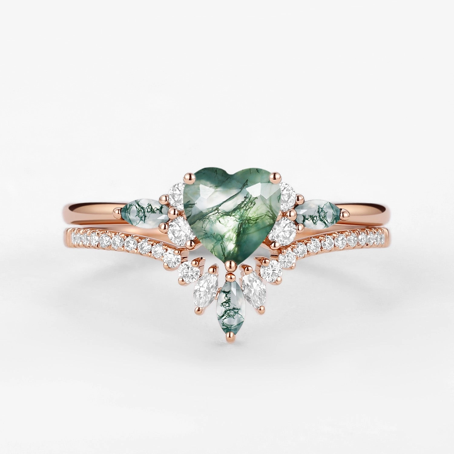 Heart Shaped Natural Moss Agate Engagement Ring Set 2pcs - Rebecca Workwear Style