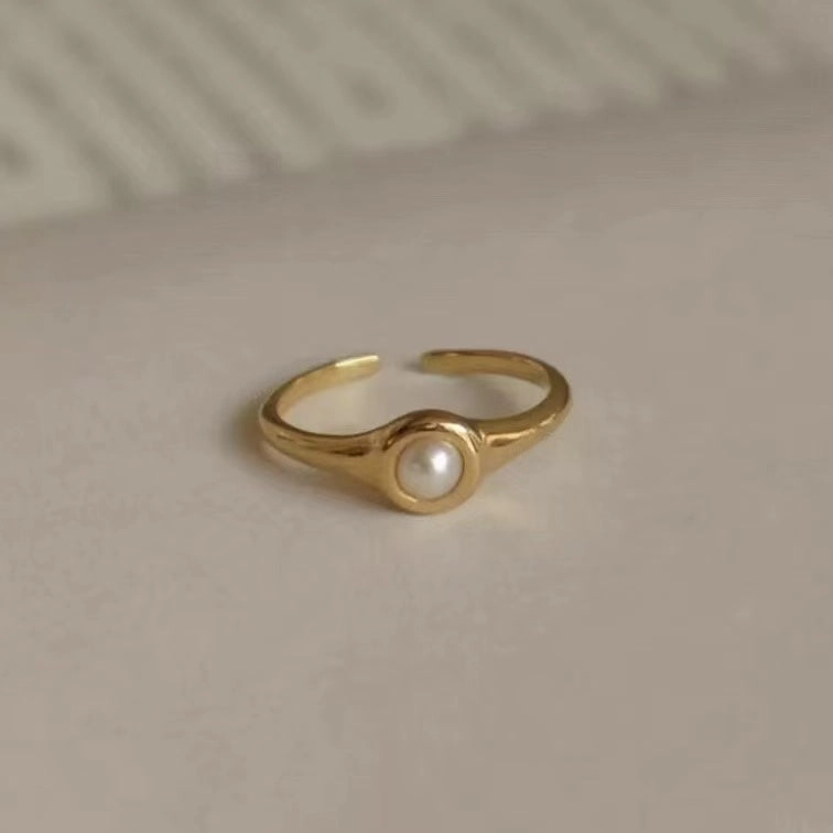 Gift Idea Graceful Edge Zoe Antique Gold Pearl Ring Onyx Ring Open Ring Minimalist Design, Natural Pearl