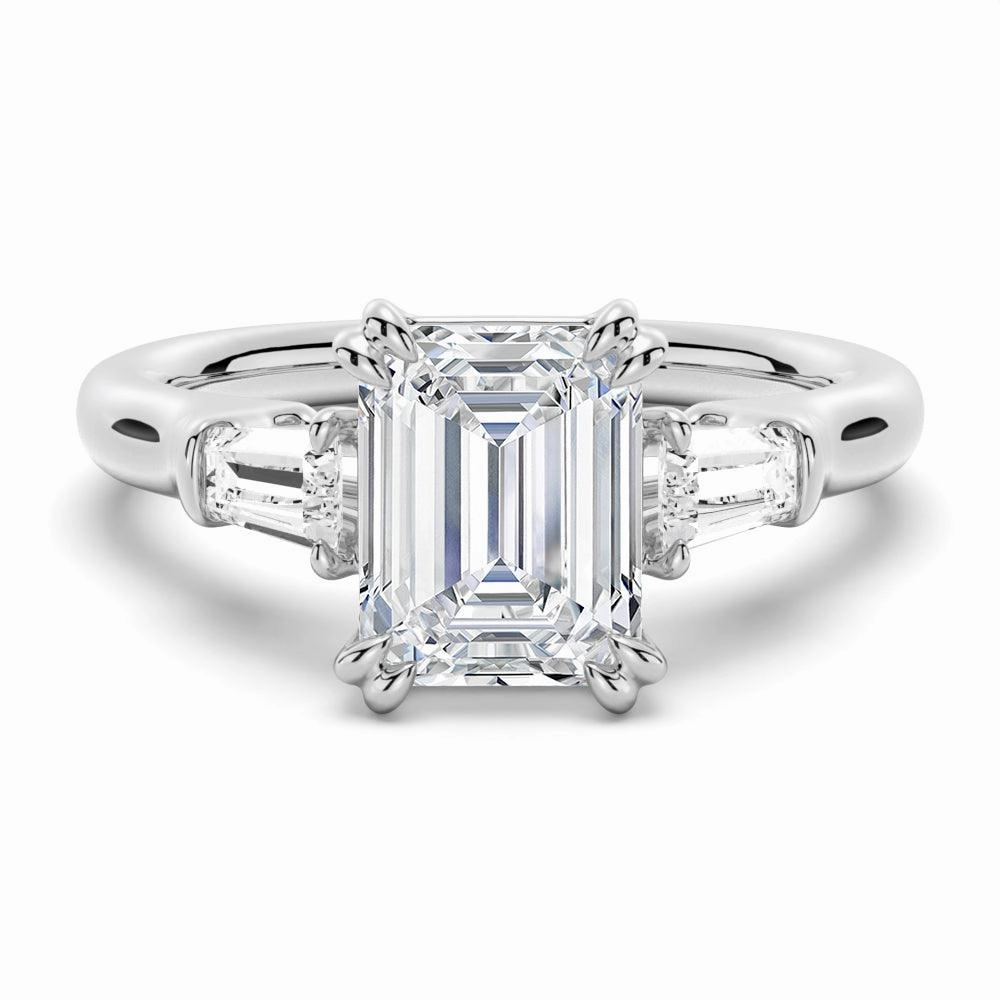 Emerald Cut Moissanite Engagement Ring with Tapered Baguette Side Stones Sleek Outline Radiant Craftwork