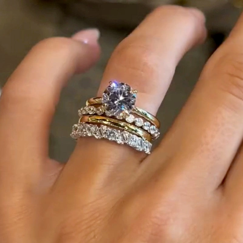 4PC 2.0Ct Round Cut Wedding Ring Set With Classic Wedding Bands Cool Layer