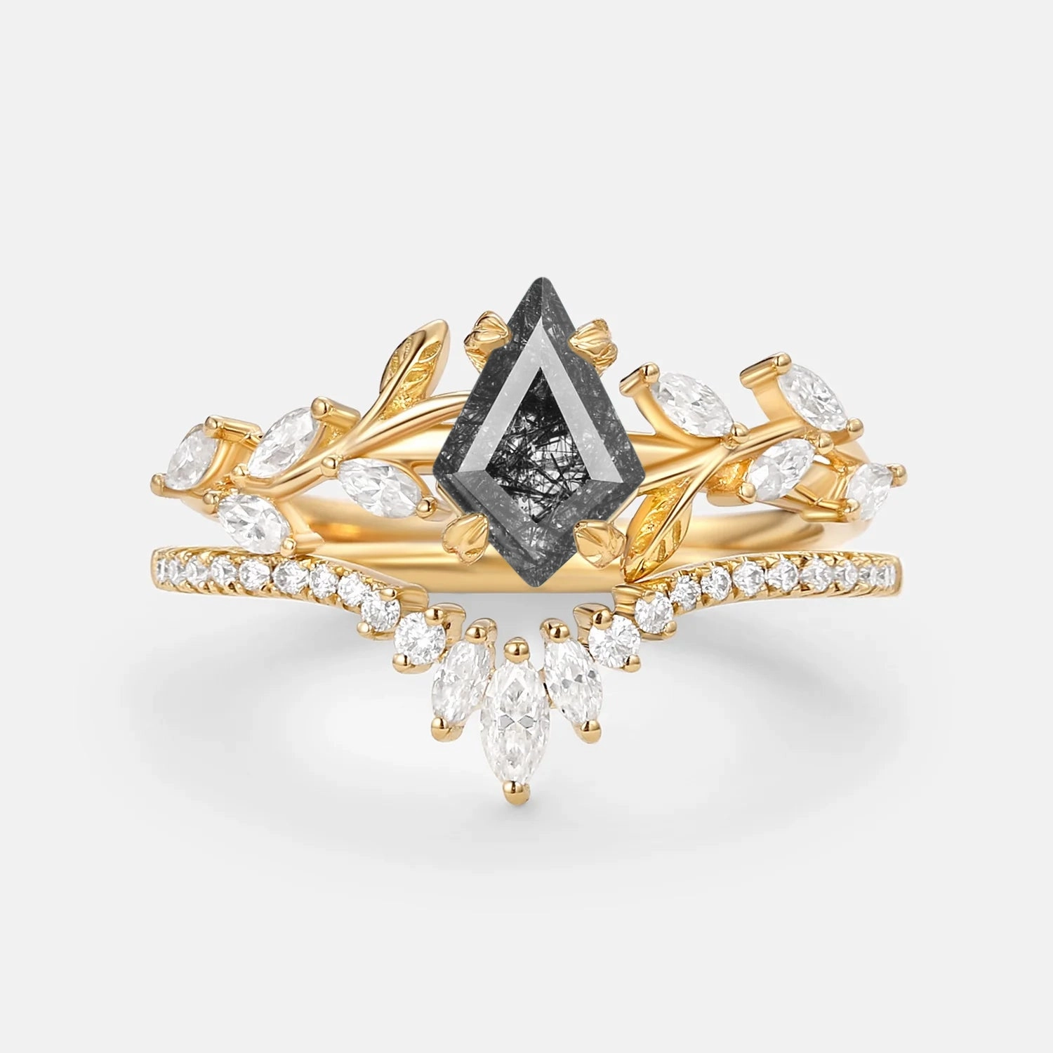 Fresh Style Kite Cut Black Rutilated Quartz Leafy Engagement Ring Sets 2pcs - Dart