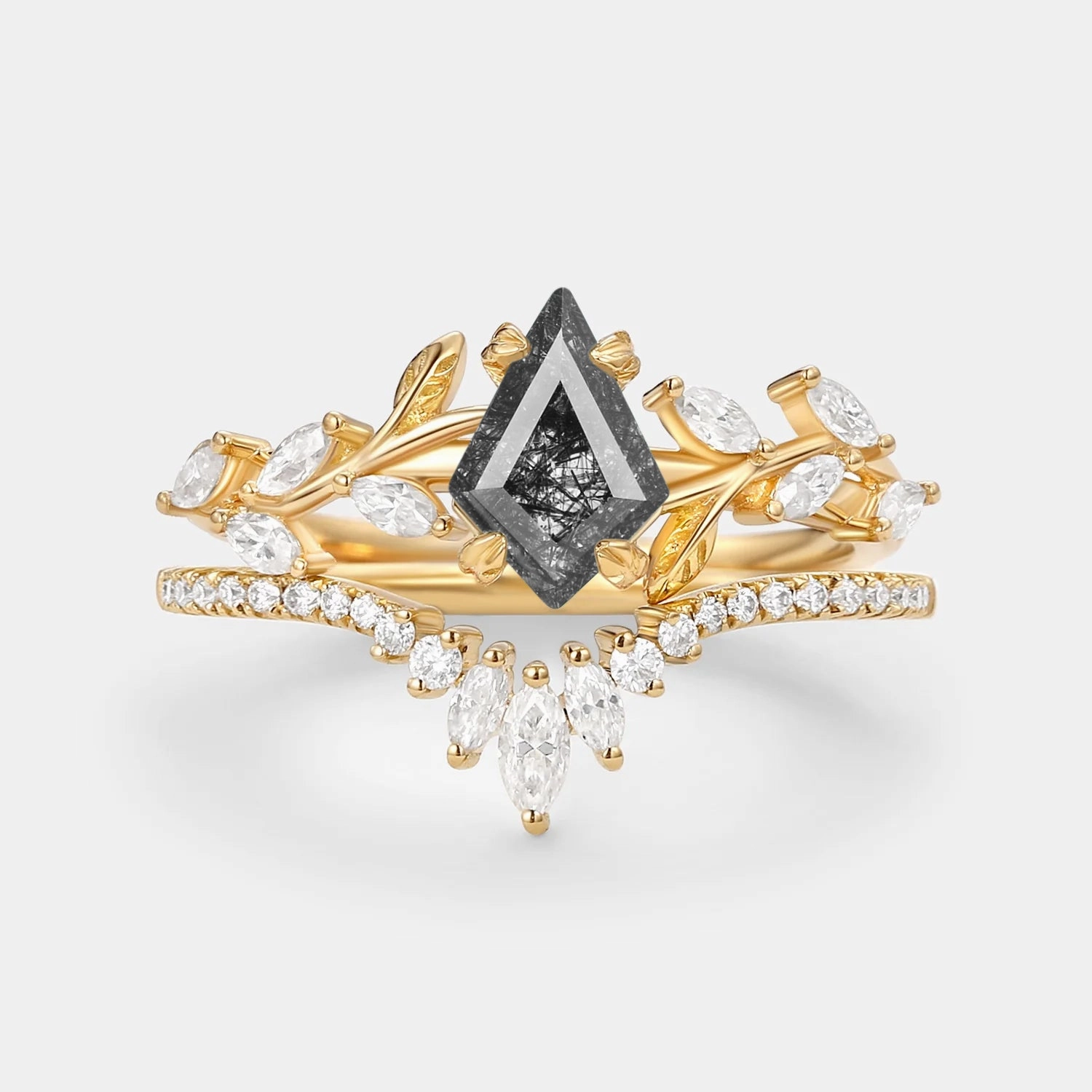 Kite Cut Black Rutilated Quartz Leafy Engagement Ring Sets 2pcs - Dart Charming Features