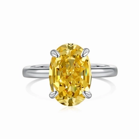 Solitaire Oval Citrine Yellow Diamond Ring in Sterling Silver Modern Fashion Unique Appearance