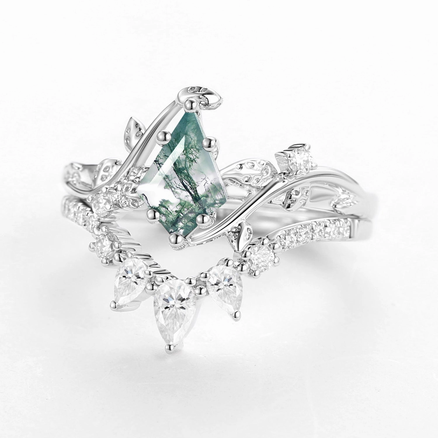 Bright Accent Kite Cut Moss Agate Leafy White Gold Engagement Ring Sets 2pcs