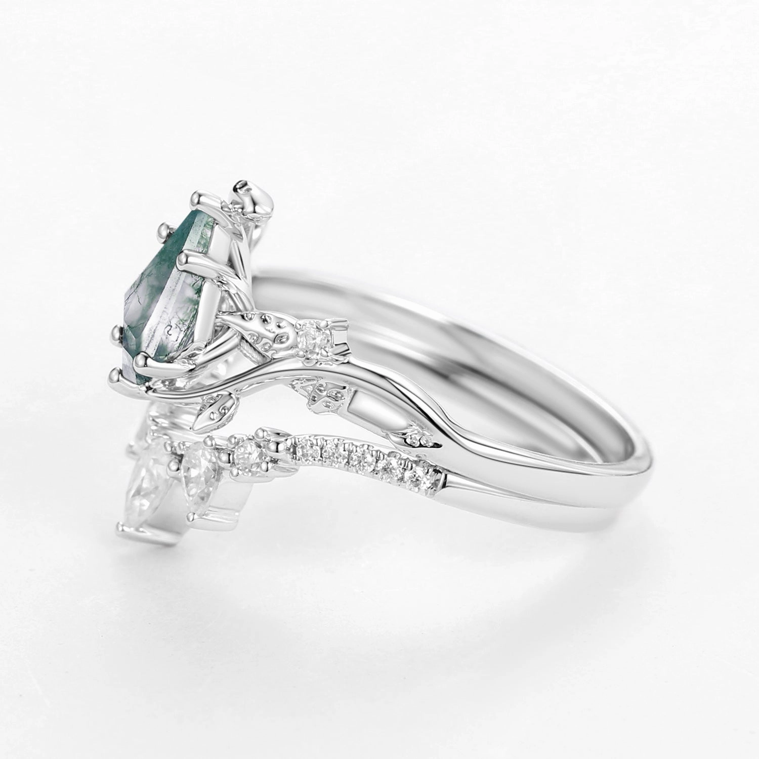 Dainty Shine Flawless Finish Kite Cut Moss Agate Leafy White Gold Engagement Ring Sets 2pcs