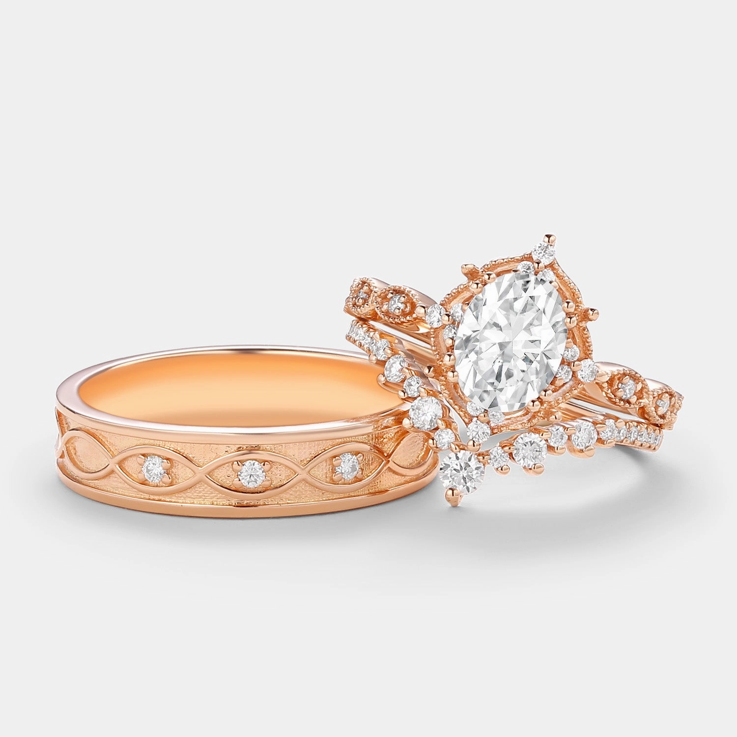 Signature Vintage - Oval Cut Moissanite Cage Vintage Couple Ring Set 3pcs - Charlotte Timeless Pair