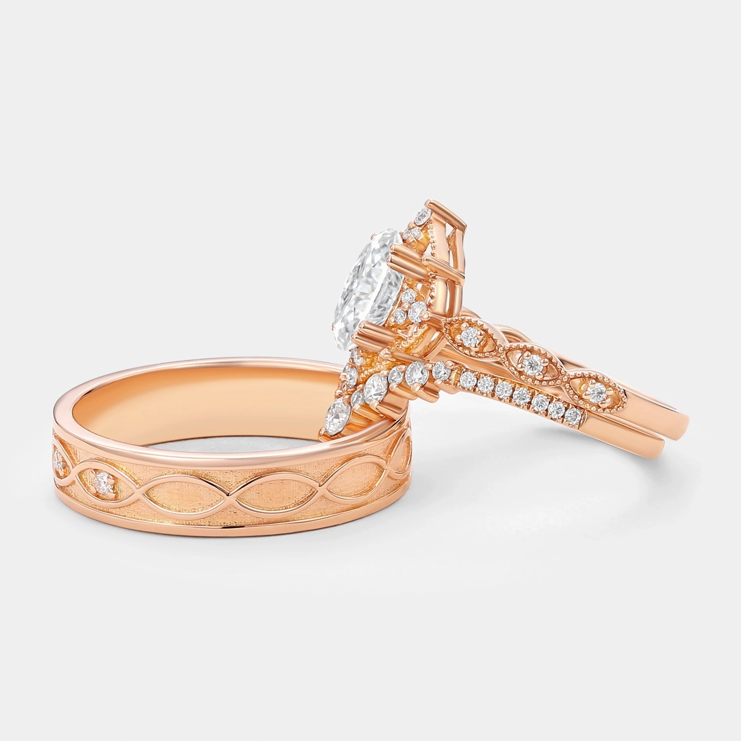 Signature Vintage - Oval Cut Moissanite Cage Vintage Couple Ring Set 3pcs - Charlotte Minimal Highlight