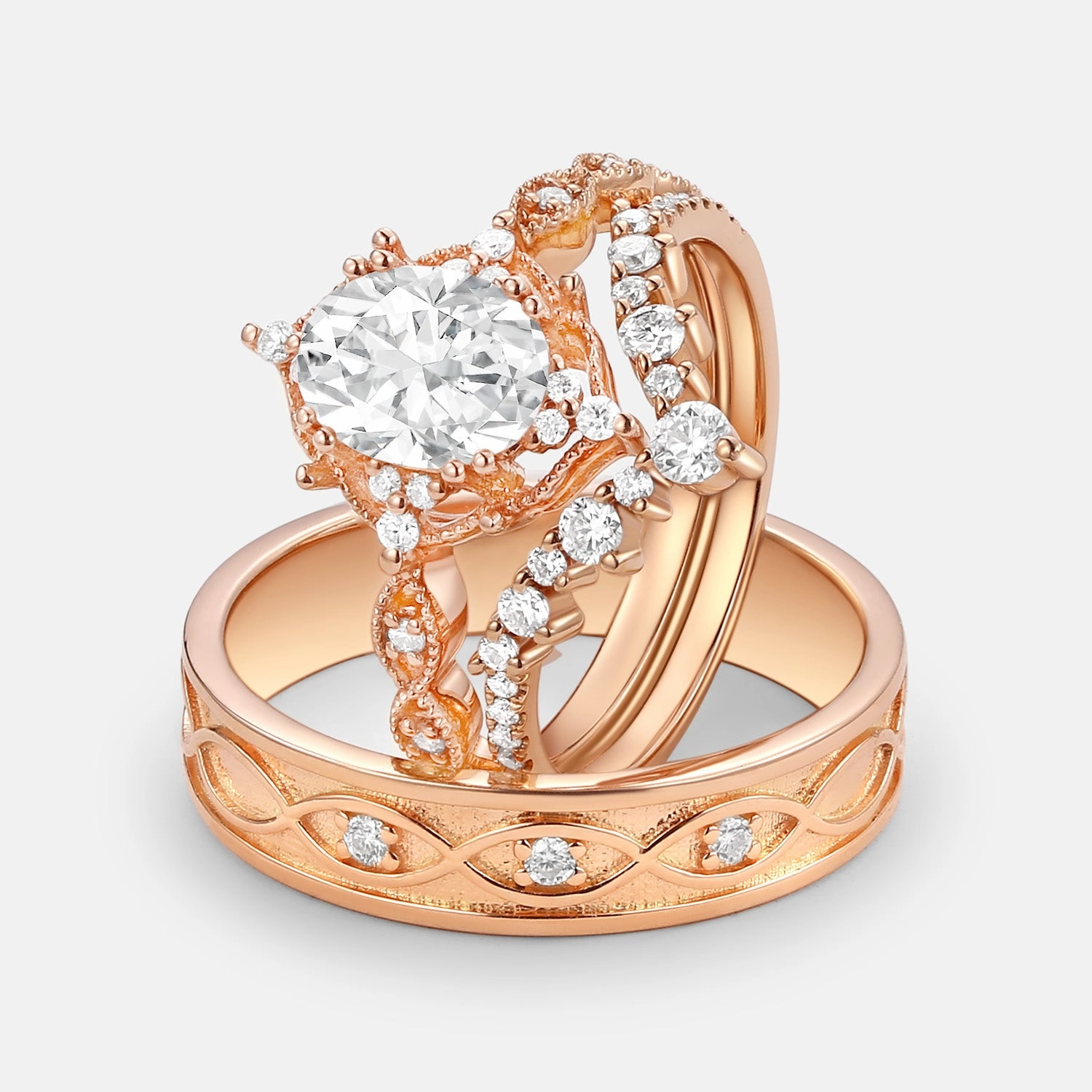 Minimal Fashion Signature Vintage - Oval Cut Moissanite Cage Vintage Couple Ring Set 3pcs - Charlotte