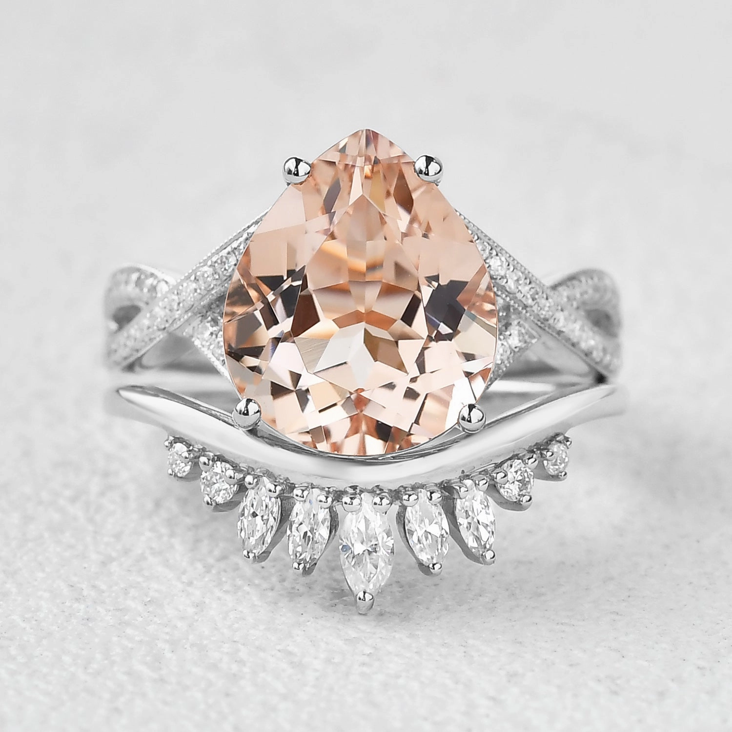 Shining Detail 4.75ct Pear Shaped Morganite Infinity Ring Set 2pcs
