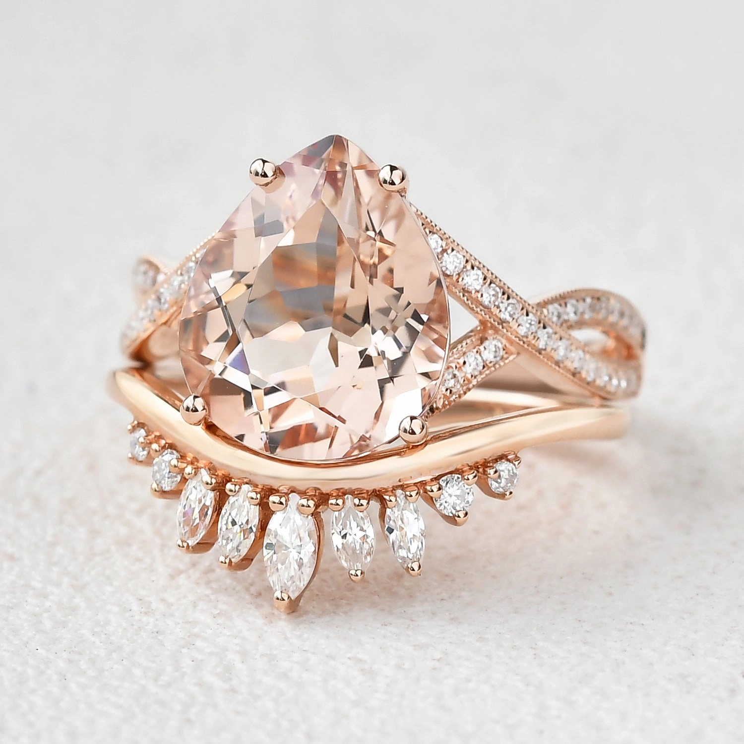 Vibrant Design 4.75ct Pear Shaped Morganite Infinity Ring Set 2pcs
