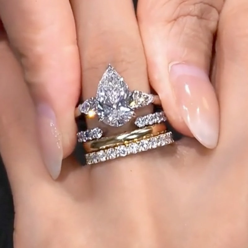 4PC 4.0Ct Pear Cut Three Stone Wedding Ring Set In Sterling Silver City Look