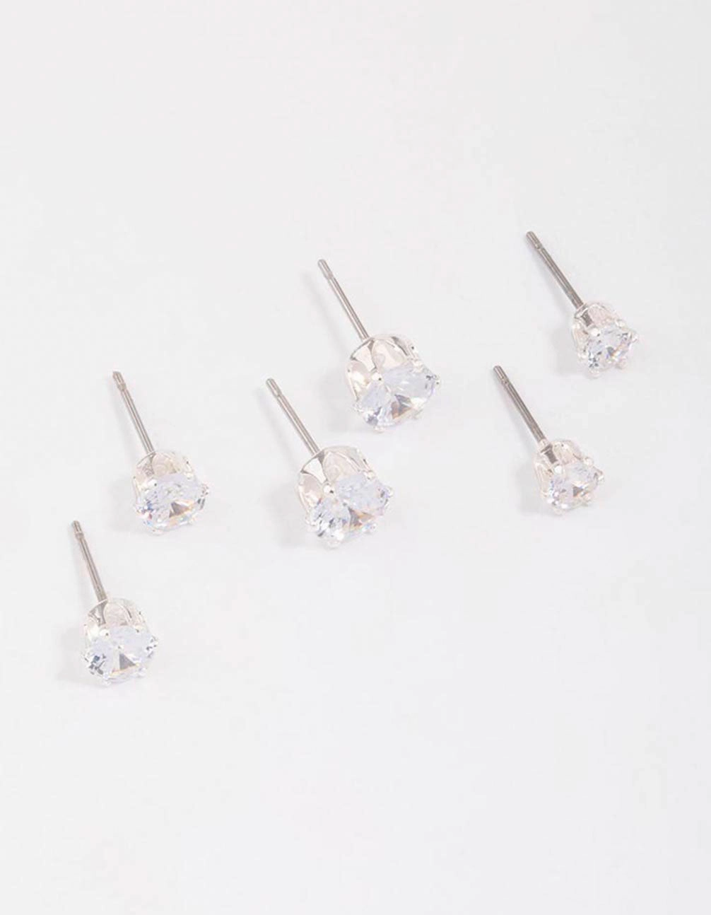 Silver Graduating Diamante Stud Earring 3-Pack Cool Finish Flawless Accent
