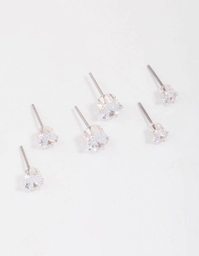 Silver Graduating Diamante Stud Earring 3-Pack Cool Finish Flawless Accent