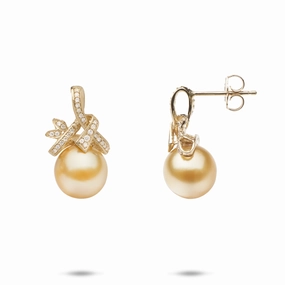 Polygonal Accessory Square Embellishment South Sea Gold Pearl Earrings in Gold with Diamonds - 9-10mm