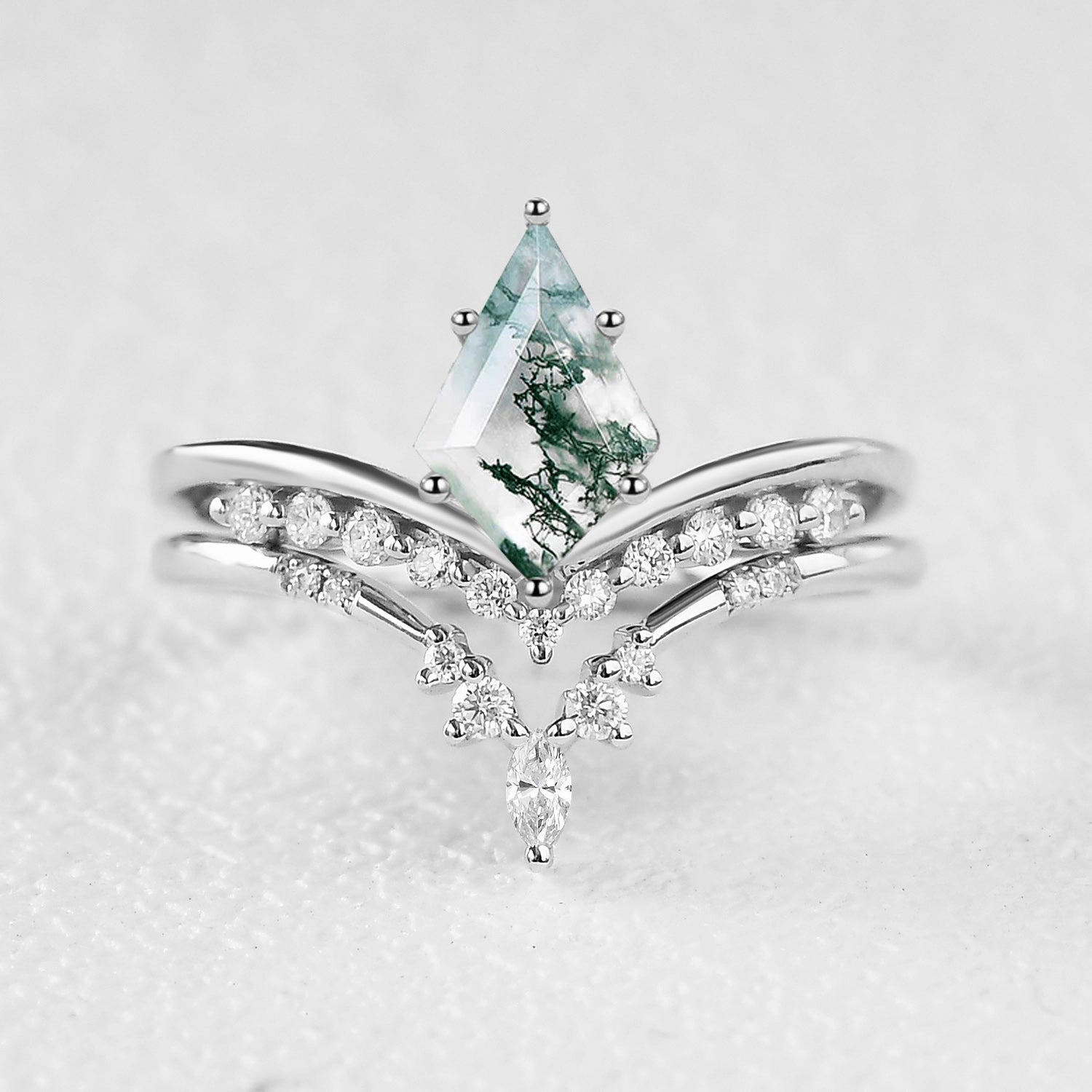 Enchanted Sparkle Timeless Pair Felicegals Kite Cut Moss Agate Chevron Engagement Ring Set 2pcs