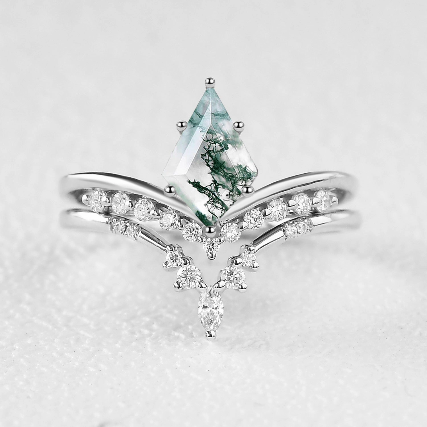 Finest Finish Flawless Touch Felicegals Kite Cut Moss Agate Chevron Engagement Ring Set 2pcs