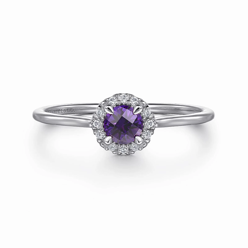 Romantic Craft 14K White Gold Amethyst and Diamond Halo Promise Ring