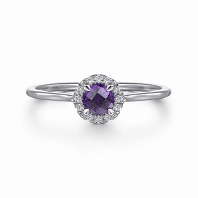 Romantic Craft 14K White Gold Amethyst and Diamond Halo Promise Ring