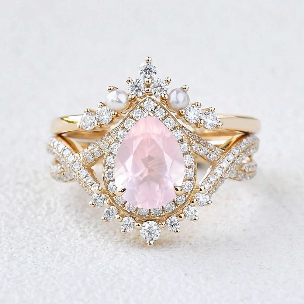1.5ct Pear Rose Quartz Vintage Halo Infinity Ring Set 2pcs - Katherine Graceful Style Stylish Outfit