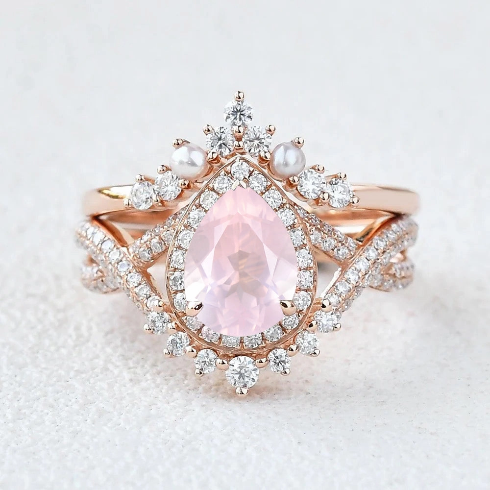 Exquisite work Fashion Appeal 1.5ct Pear Rose Quartz Vintage Halo Infinity Ring Set 2pcs - Katherine