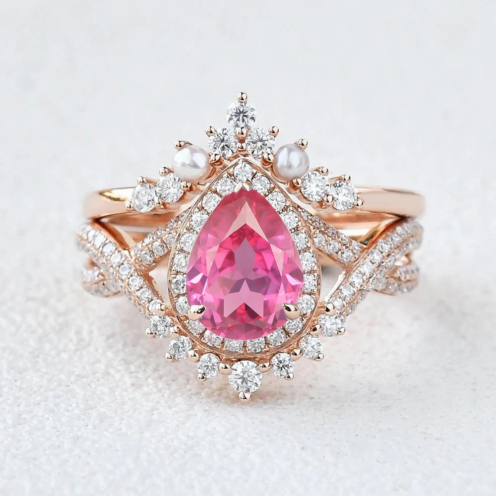1.5ct Pear Rose Quartz Vintage Halo Infinity Ring Set 2pcs - Katherine Vintage Pop Soft Glimmer