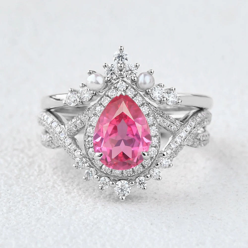 Chic Craft 1.5ct Pear Rose Quartz Vintage Halo Infinity Ring Set 2pcs - Katherine