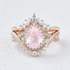 Exquisite work Fashion Appeal 1.5ct Pear Rose Quartz Vintage Halo Infinity Ring Set 2pcs - Katherine