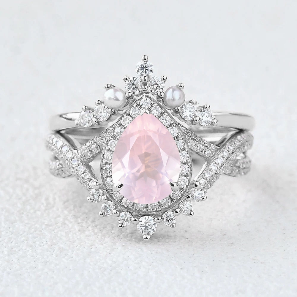 1.5ct Pear Rose Quartz Vintage Halo Infinity Ring Set 2pcs - Katherine Timeless Fit