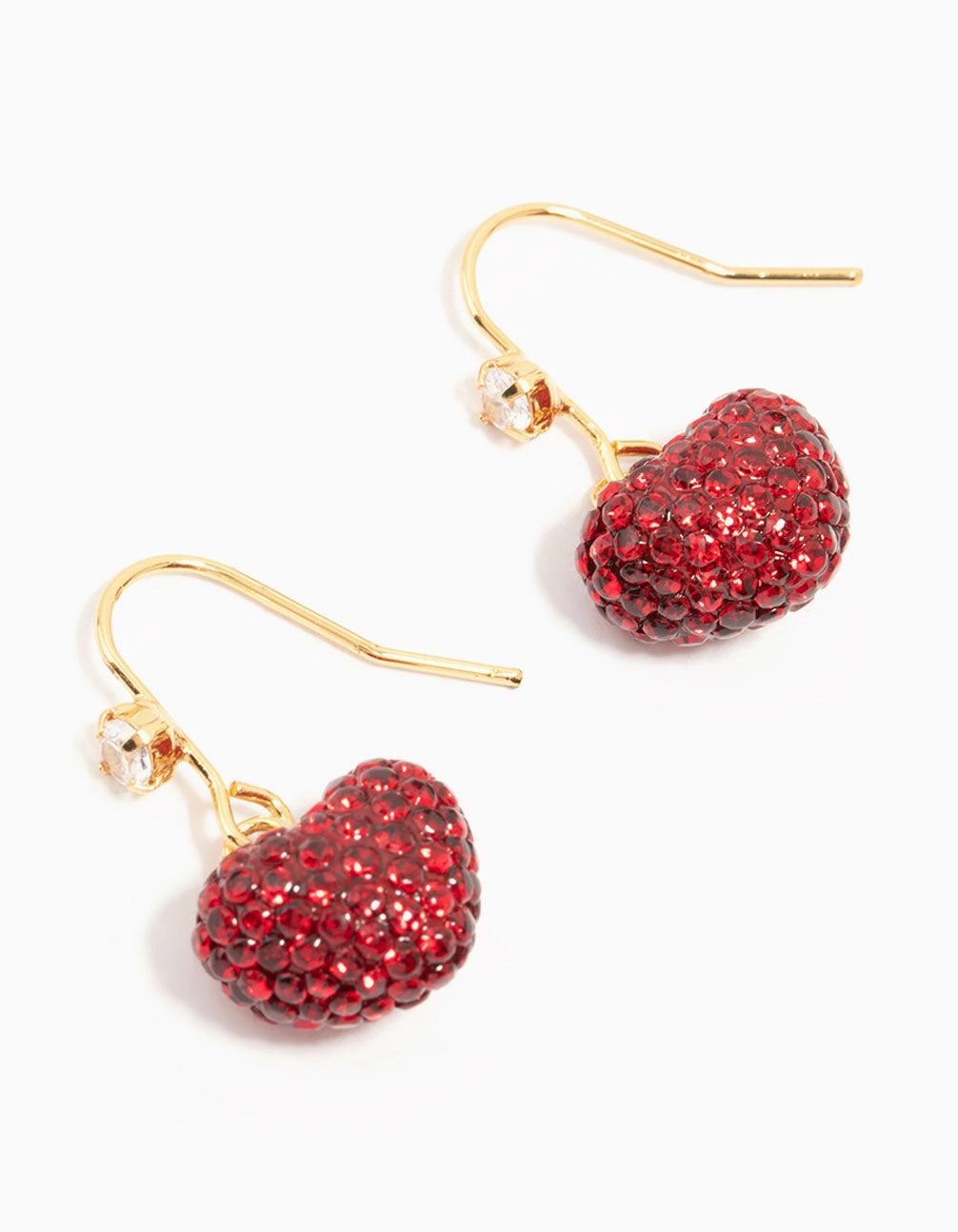 Everyday Layer Custom Shine Gold Plated Red Diamante Puffy Heart Drop Earrings