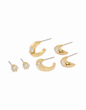 Artisan Accent Gold Plated Brass Cubic Zirconia Inlay Stud & Huggie Earrings 3-Pack