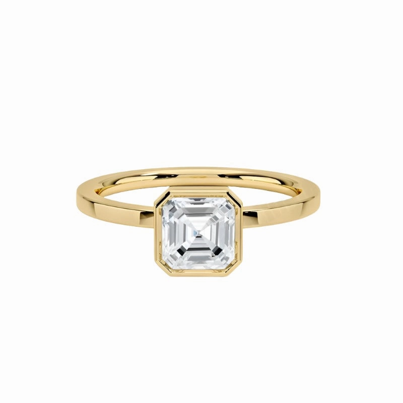 Artistic Sign 1 Carat Moissanite Asscher Cut Bezel Set Ring in 925 Sterling Silver Plated with 18K Gold