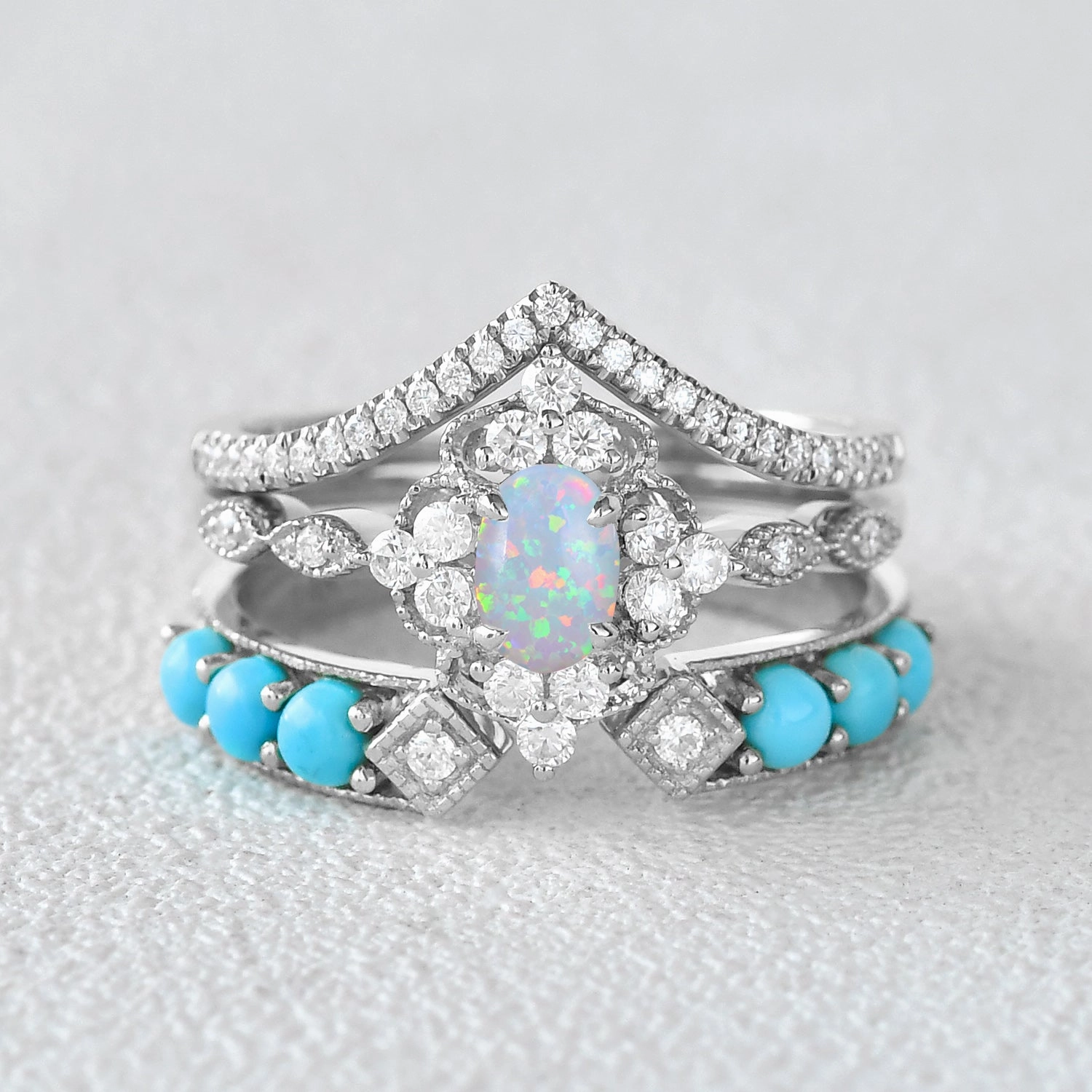 Luxury Appeal Oval Opal & Turquoise Vintage Gold Ring Set 3pcs