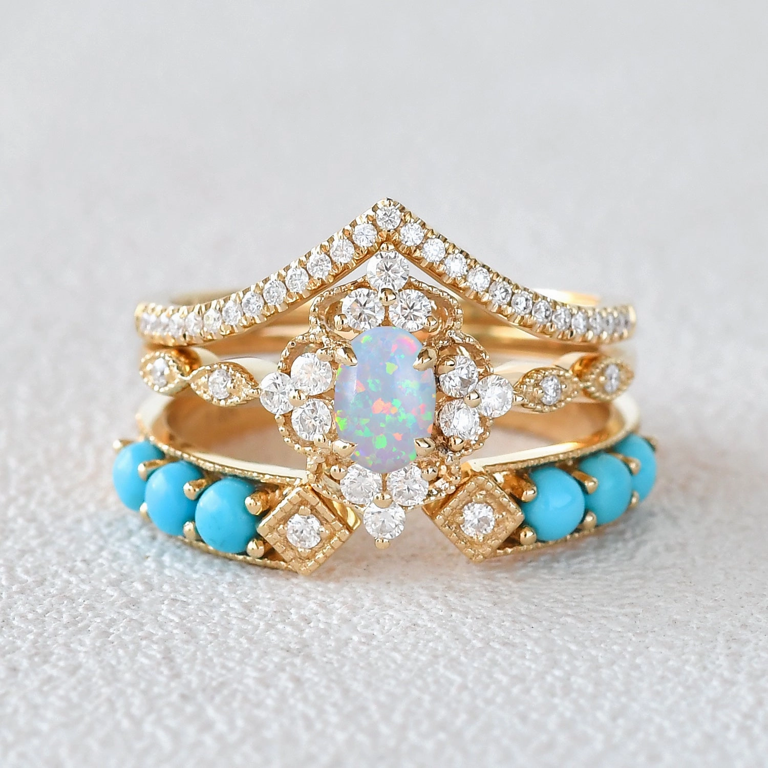 Oval Opal & Turquoise Vintage Gold Ring Set 3pcs Modern Statement