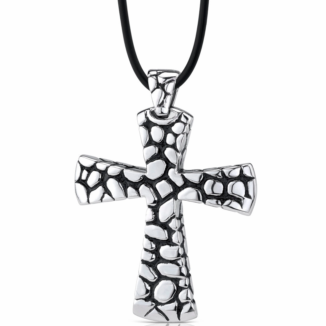Travel Accent Home Gift Stainless Steel Cobblestone Style Cross with Black Enamel Pendant on a Rubber Cord
