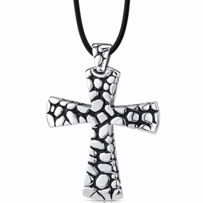 Travel Accent Home Gift Stainless Steel Cobblestone Style Cross with Black Enamel Pendant on a Rubber Cord