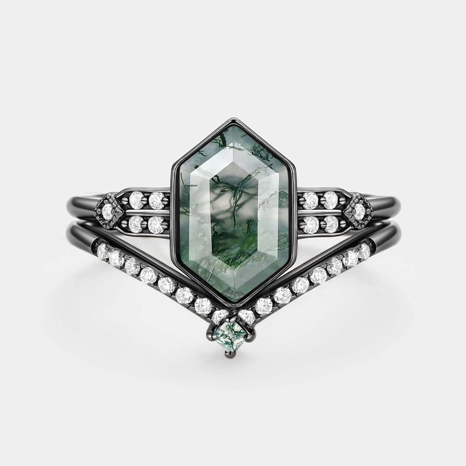 Gifting Moment Glamour Appeal Long Hexagon Moss Agate Minimalist Bridal Ring Set 2pcs - Nocturne