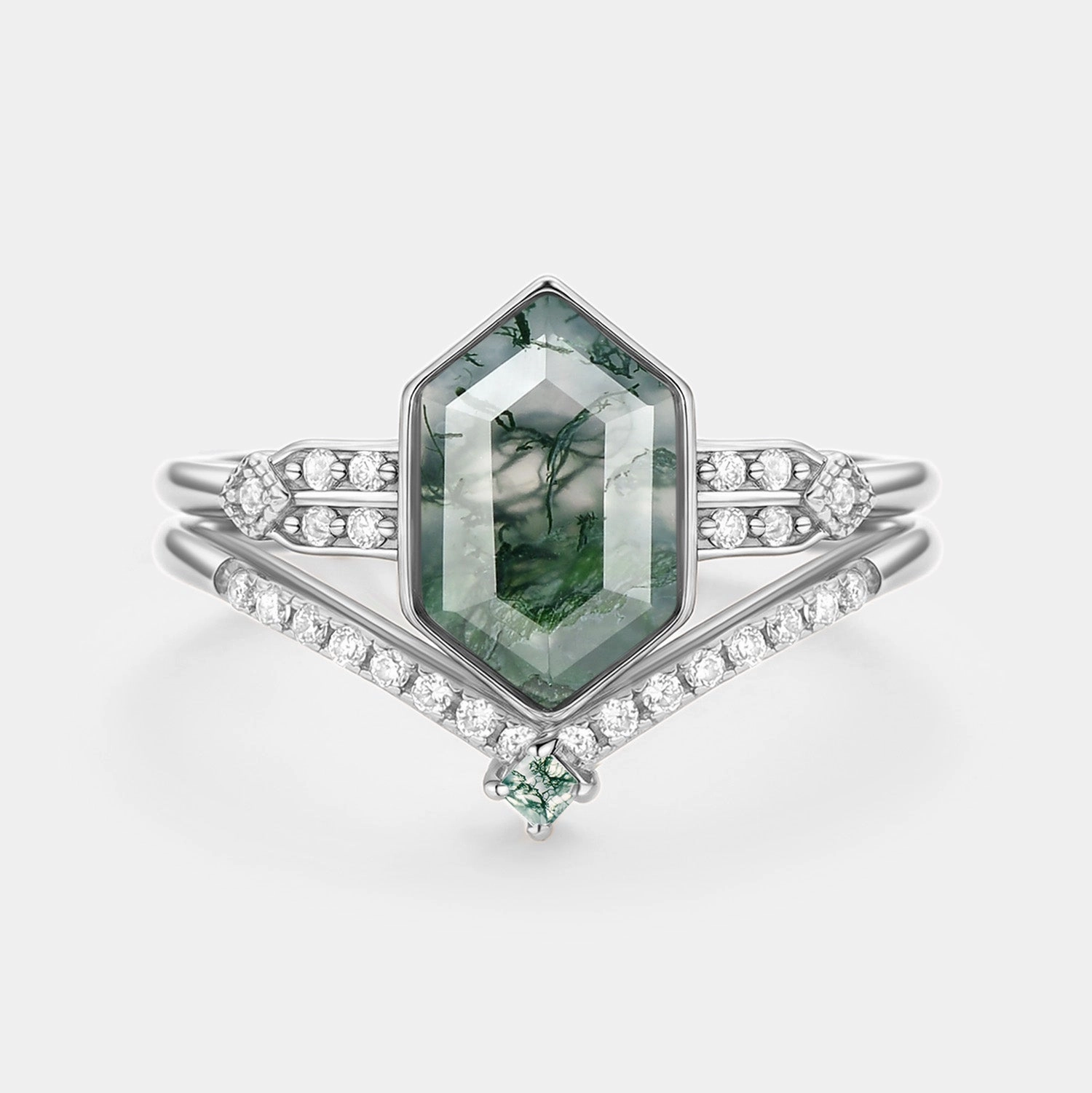 Long Hexagon Moss Agate Minimalist Bridal Ring Set 2pcs - Nocturne Glamour Accessory Fresh Light