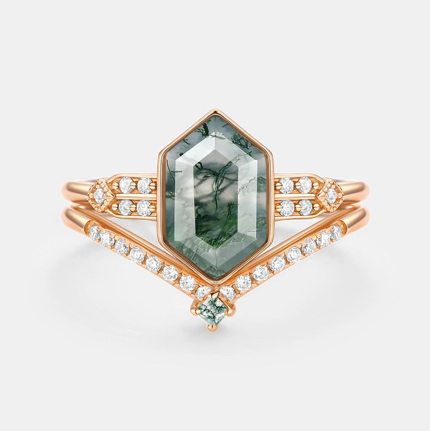 Everyday Charm Long Hexagon Moss Agate Minimalist Bridal Ring Set 2pcs - Nocturne