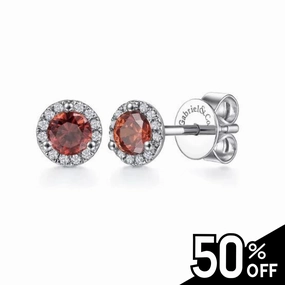 14K White Gold Halo Garnet and Diamond Stud Earrings Pretty Trinket